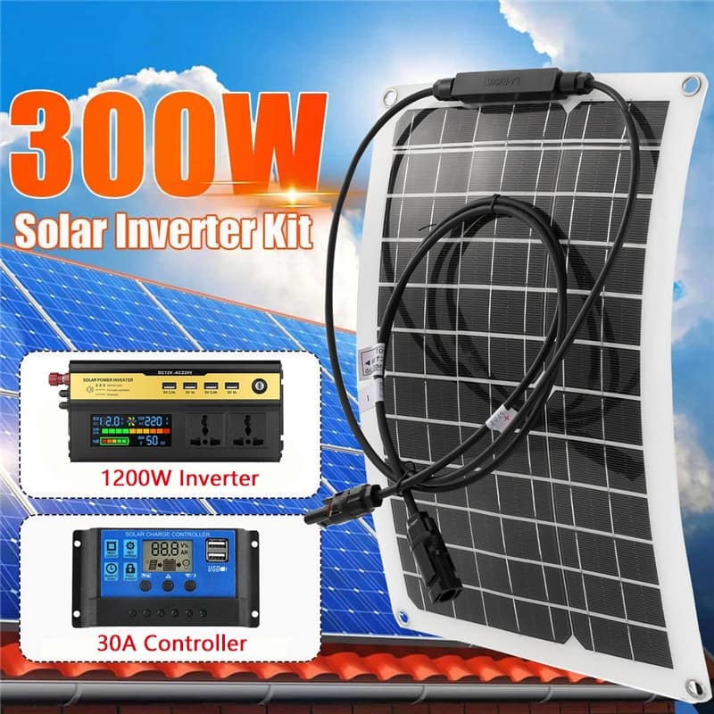300W Solar Panel Battery Charger with 30A Controller Solar Power System 12V to 220V 1200W Inverter Kit Home Grid Camp Phone Pad